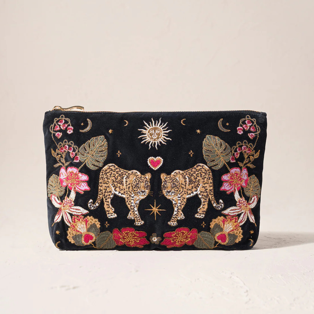 Celestial Leopard Velvet Everyday Pouch in Charcoal