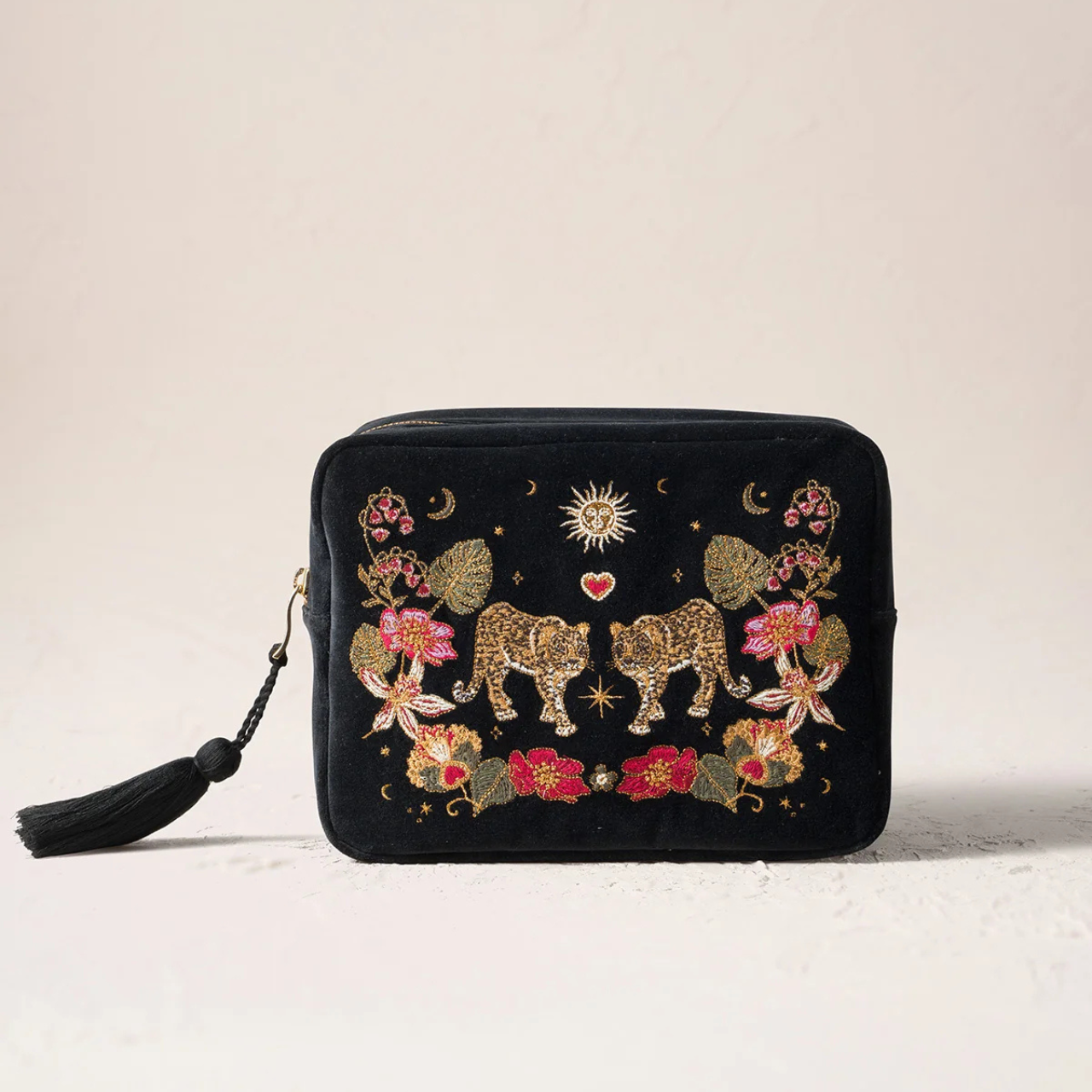Celestial Leopard Velvet Wash Bag in Charcoal