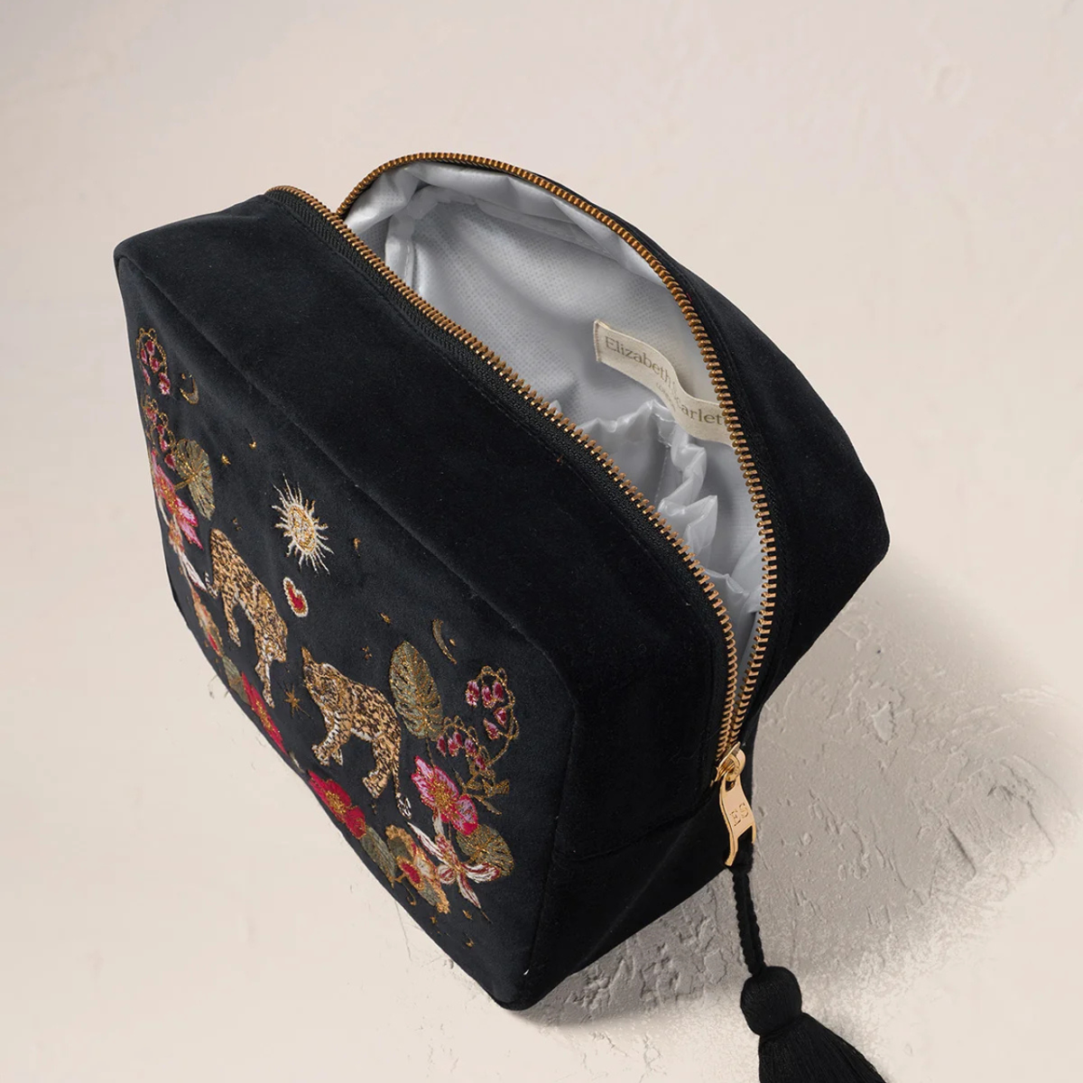 Celestial Leopard Velvet Wash Bag in Charcoal