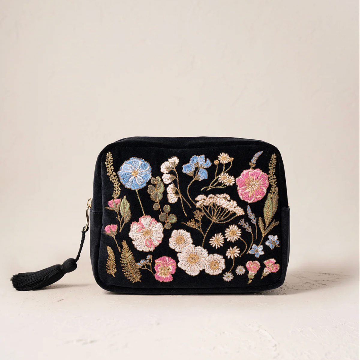 Elizabeth Scarlett Pressed Flowers Velvet Wash Bag in Charcoal 