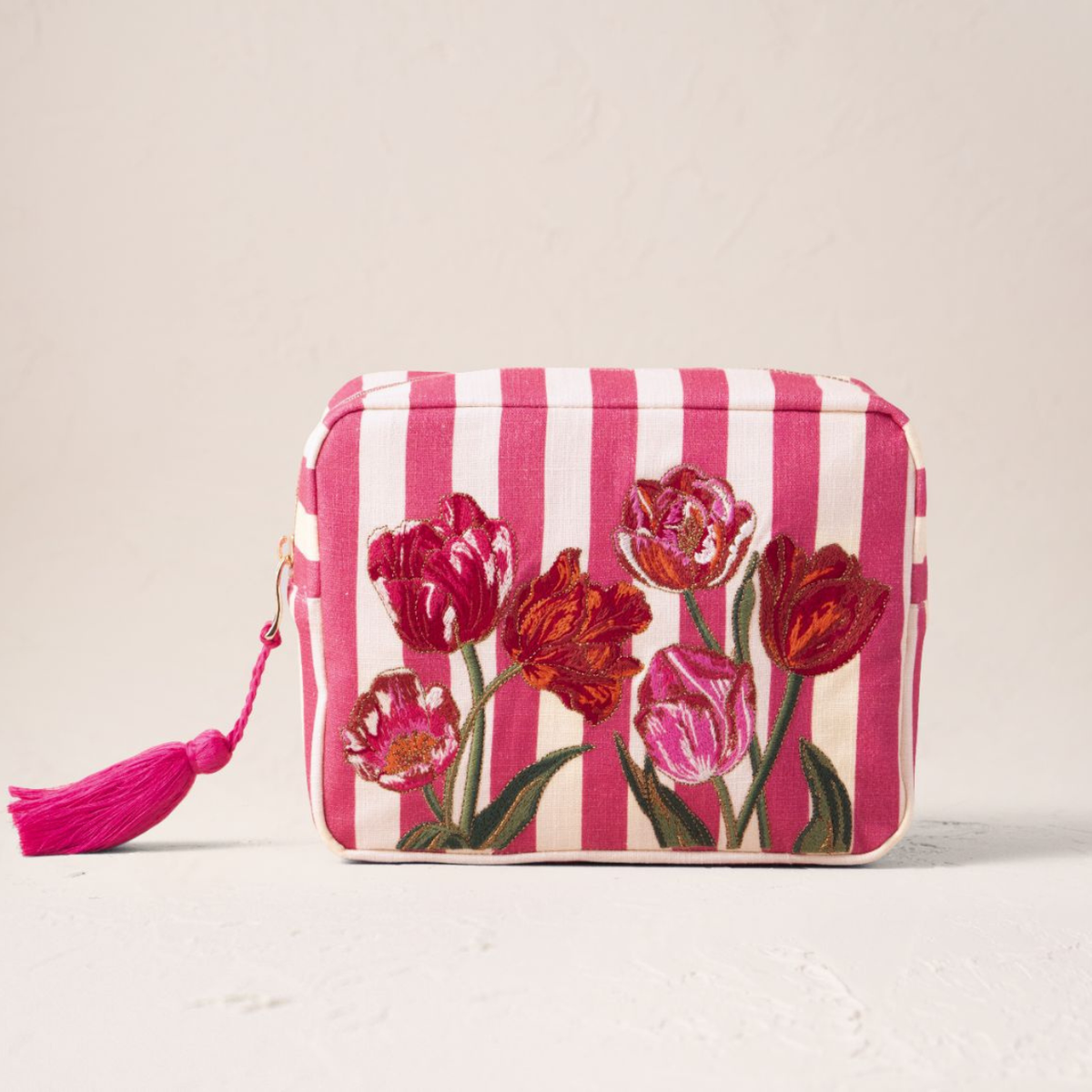 Elizabeth Scarlett Tulip Stripe Canvas Printed Wash Bag in Pink 