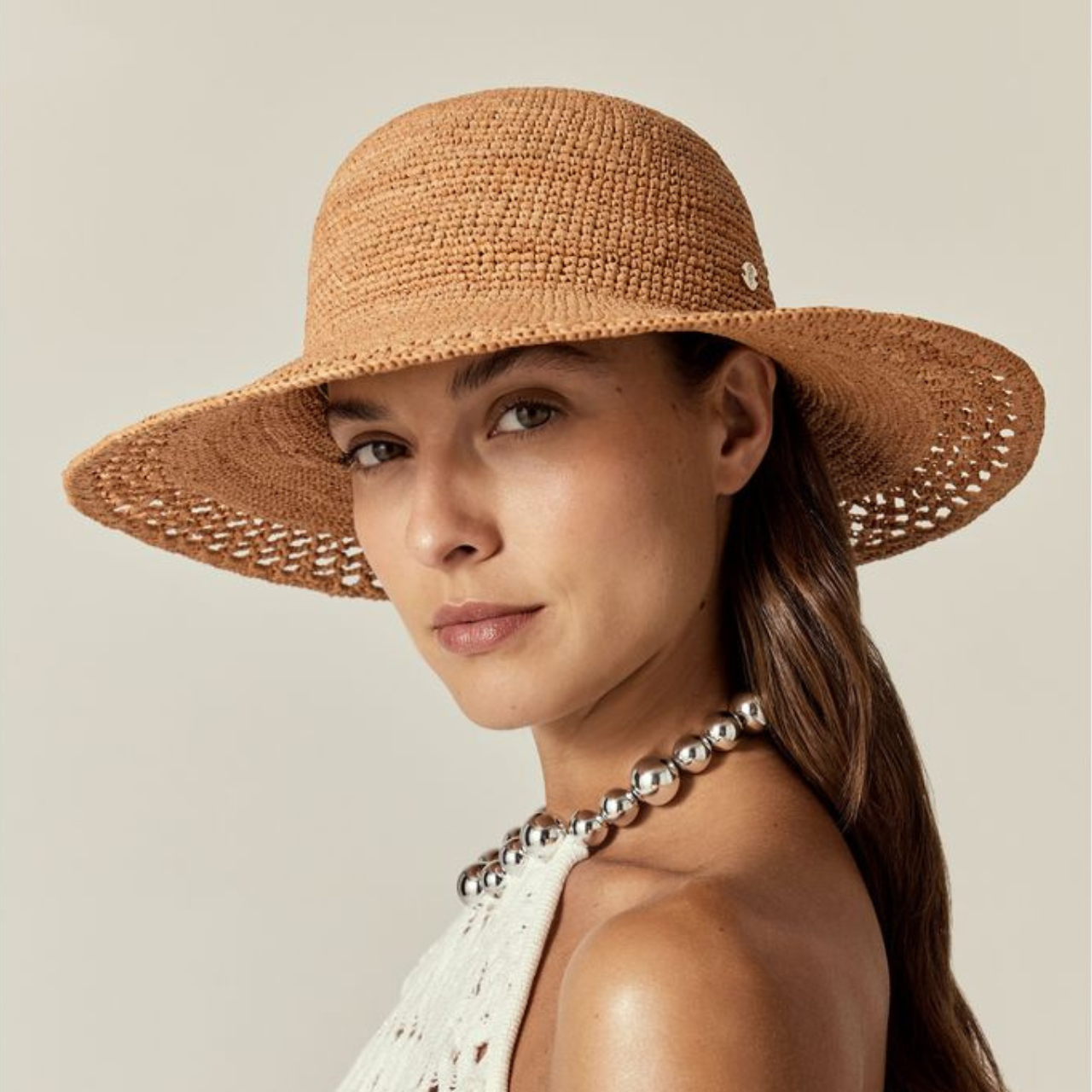 Helen Kaminski Dulani Raffia Braid Boater Hat in Salmon Melange