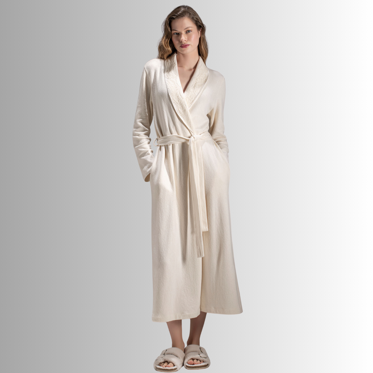 Iora Soft Cotton Long Cream Robe with Lace Lapel | Caroline Randell Cosy Robes Iora Soft Cotton Long Cream Robe with Lace Lapel | Caroline Randell Cosy Robes