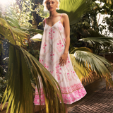 Cage Block Print V-Neck Midi Dress in White/Fuchsia