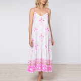 Cage Block Print V-Neck Midi Dress in White/Fuchsia