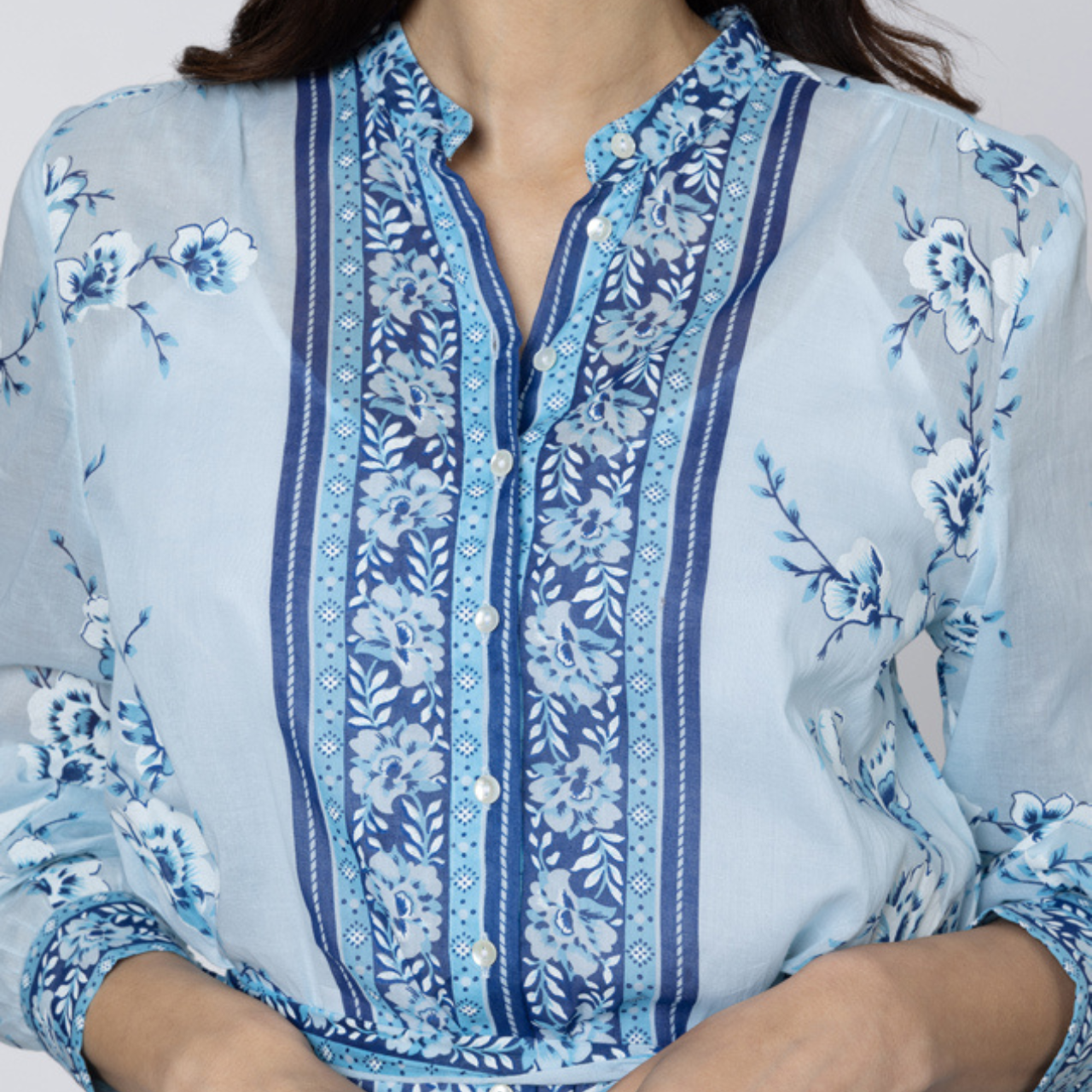 Cherry Blossom Print Godot Dress in China Blue