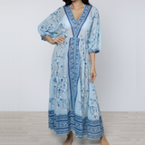 Cherry Blossom Print V-Neck Loose Maxi Dress in China Blue