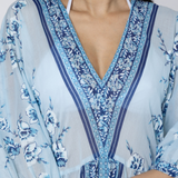 Cherry Blossom Print V-Neck Loose Maxi Dress in China Blue