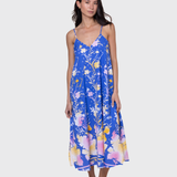 Slip Dress In Floral Print In Electric Blue