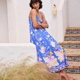 Slip Dress In Floral Print In Electric Blue