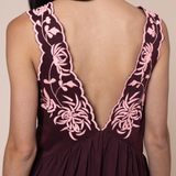 V-Back Mini Dress In Black Cherry With Butterfly Embroidery