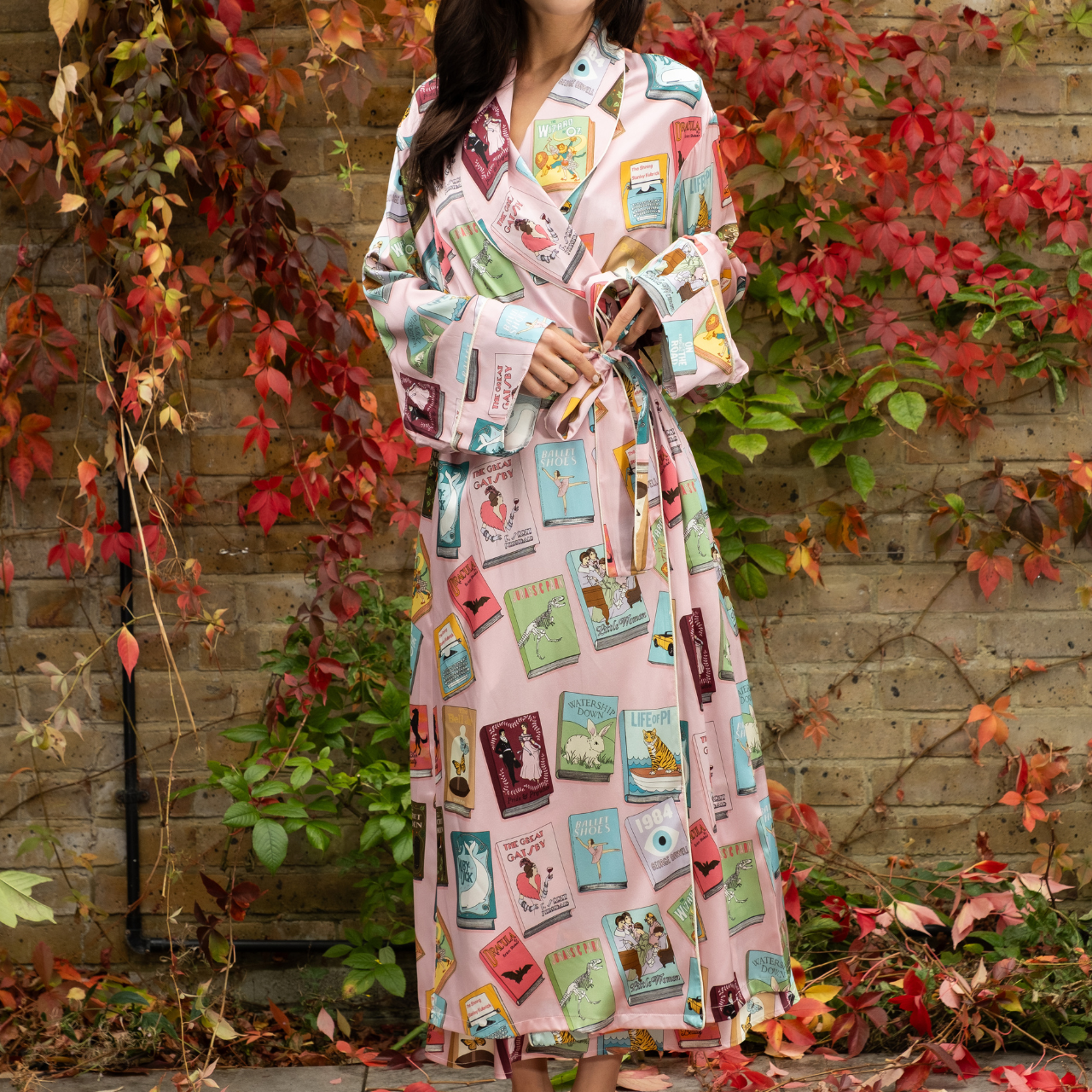 Book Covers Long Silk Robe in Pale Pink