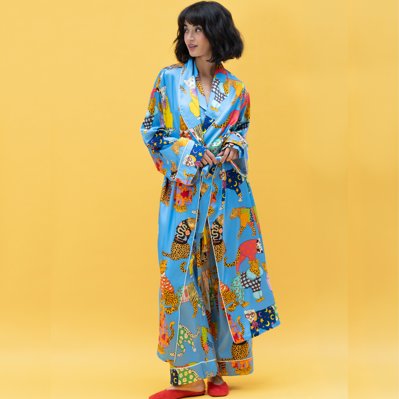 Leopards Can't Change Their Spots Long Silk Robe in Cornflower Blue
