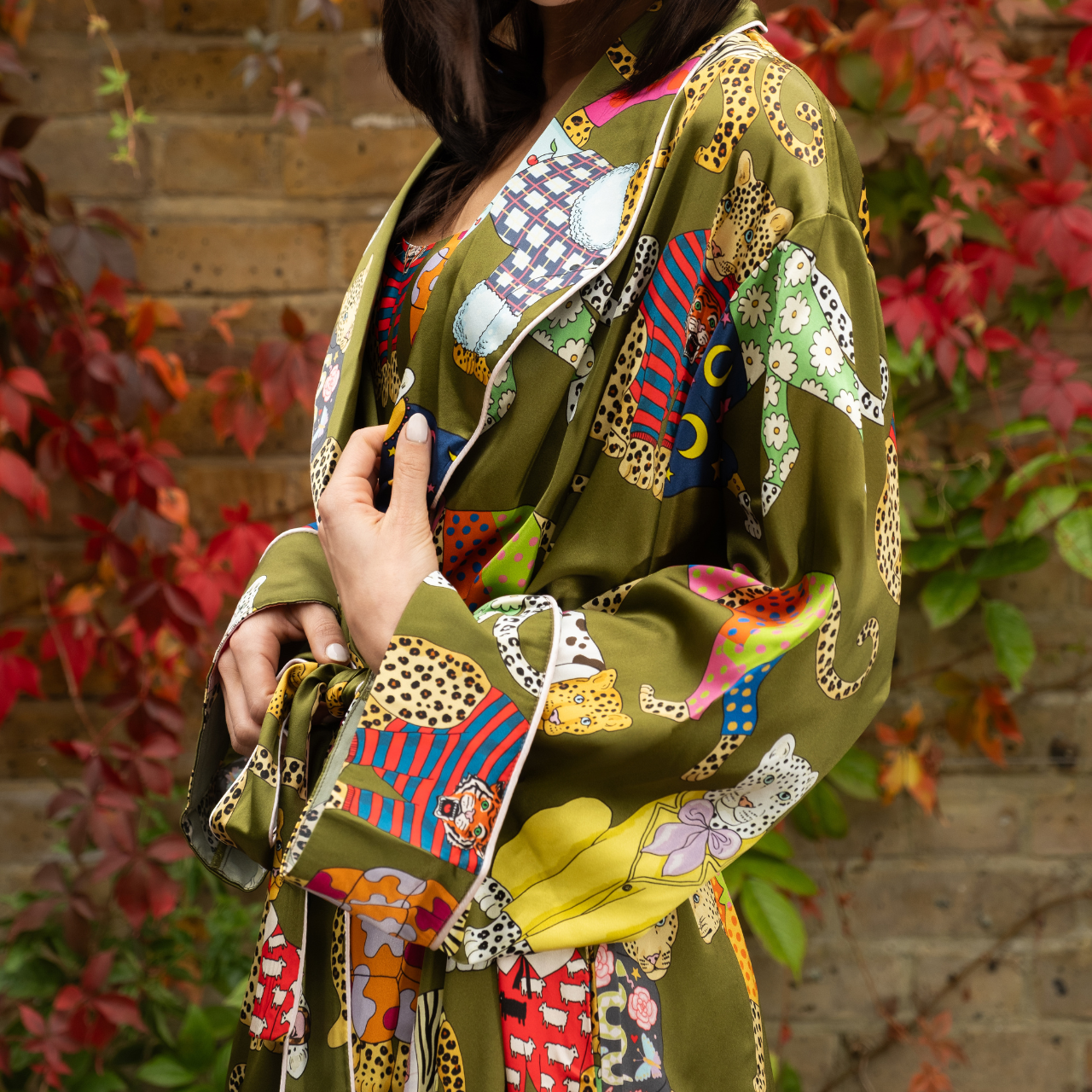 Leopards Can't Change Their Spots Long Silk Robe in Olive