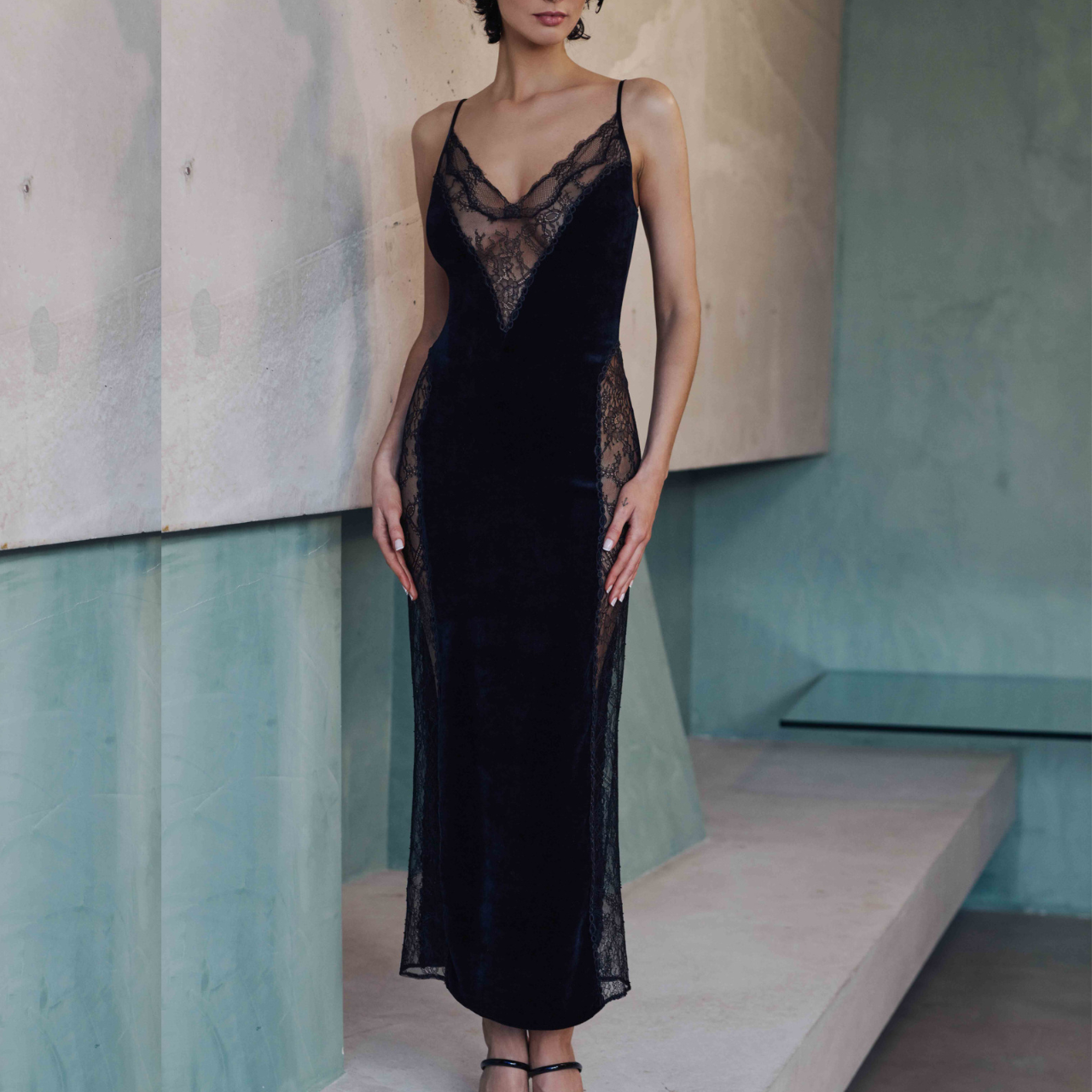 Marjolaine Billie Long Velvet and Lace Slip Dress