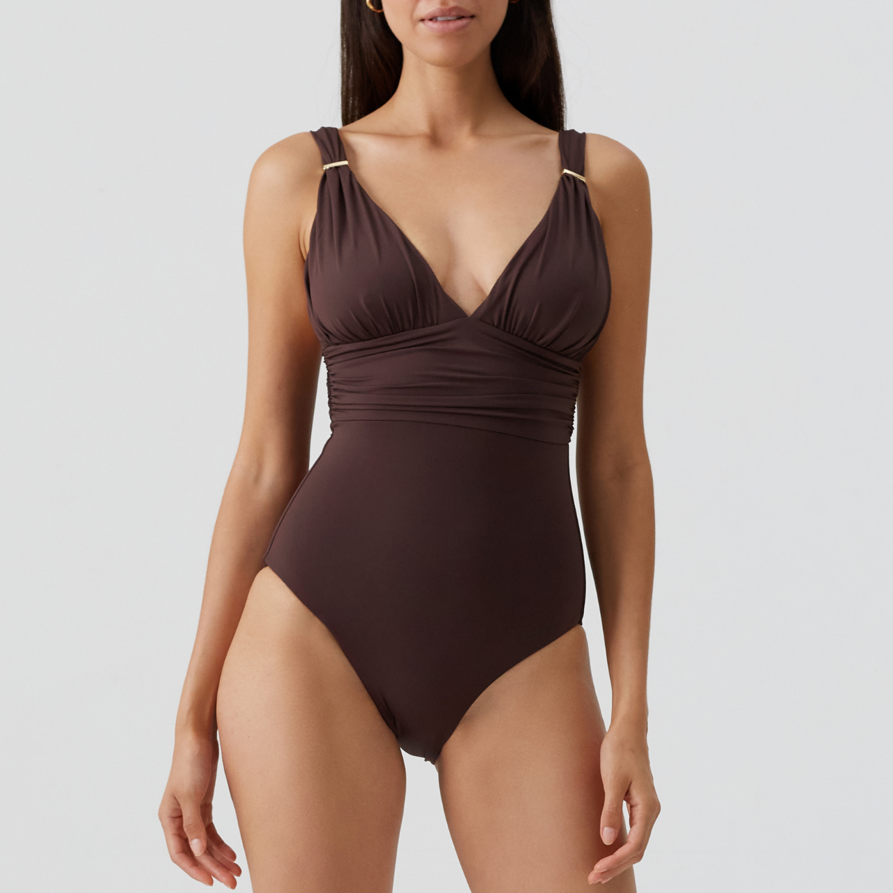 Panarea Brown Ruched V Neck Swimsuit