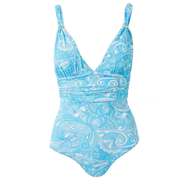 Panarea Ruched V Neck Swimsuit in Mirage Blue
