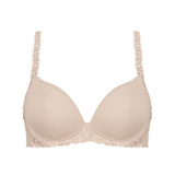 Simone Perele, spacer foam cup, smooth, tshirt, sweetheart shape, underwired, bra, in nude, beige colour, with embroidery detail along the band and strap, adjustable straps, which clip into a halter and racer back.