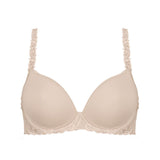 Simone Perele, spacer foam cup, smooth, tshirt, sweetheart shape, underwired, bra, in nude, beige colour, with embroidery detail along the band and strap, adjustable straps, which clip into a halter and racer back. 