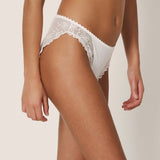 Marie Jo Jane italian brief with embroidery lace, giving a seamless finish. Seamless embroidery lace briefs in natural at Caroline Randell.