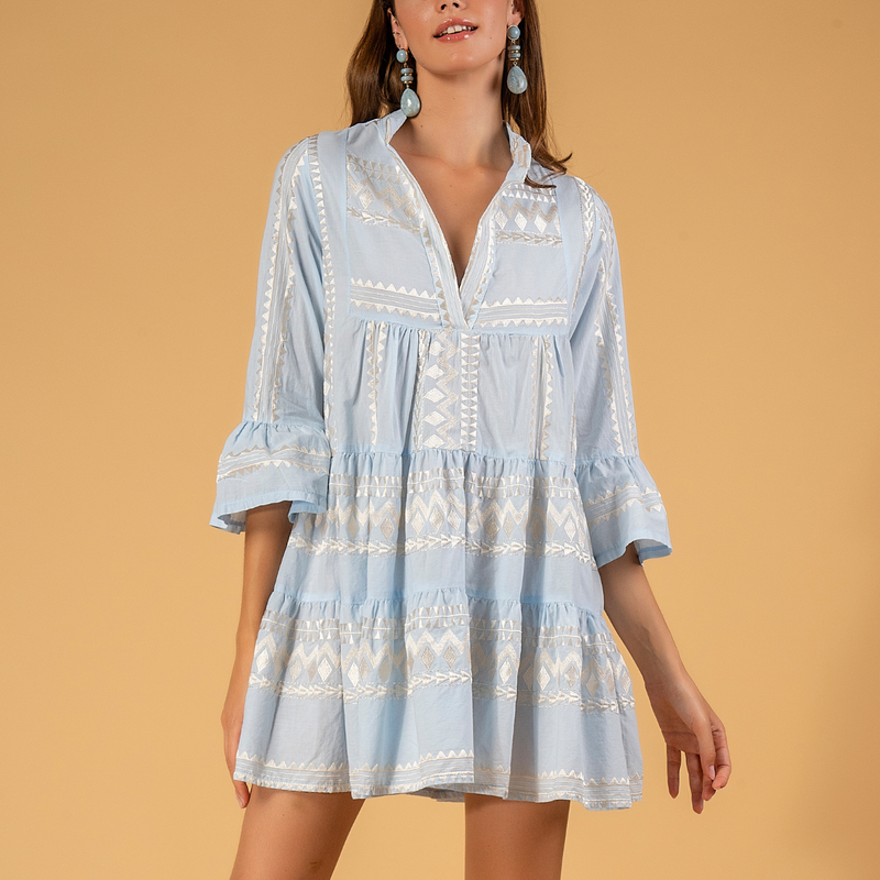 Nymphs Enchantment Short Cotton Dress in Blue/Off White