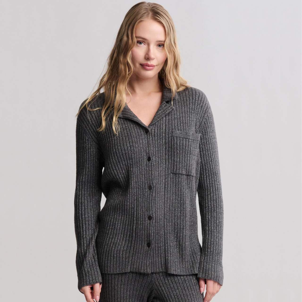 CozyChic Ultra Lite Lurex Rib Button Front Shirt