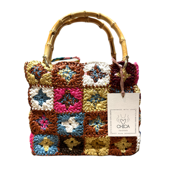 Maria Medium Crochet Multicoloured Bamboo Handle Bag