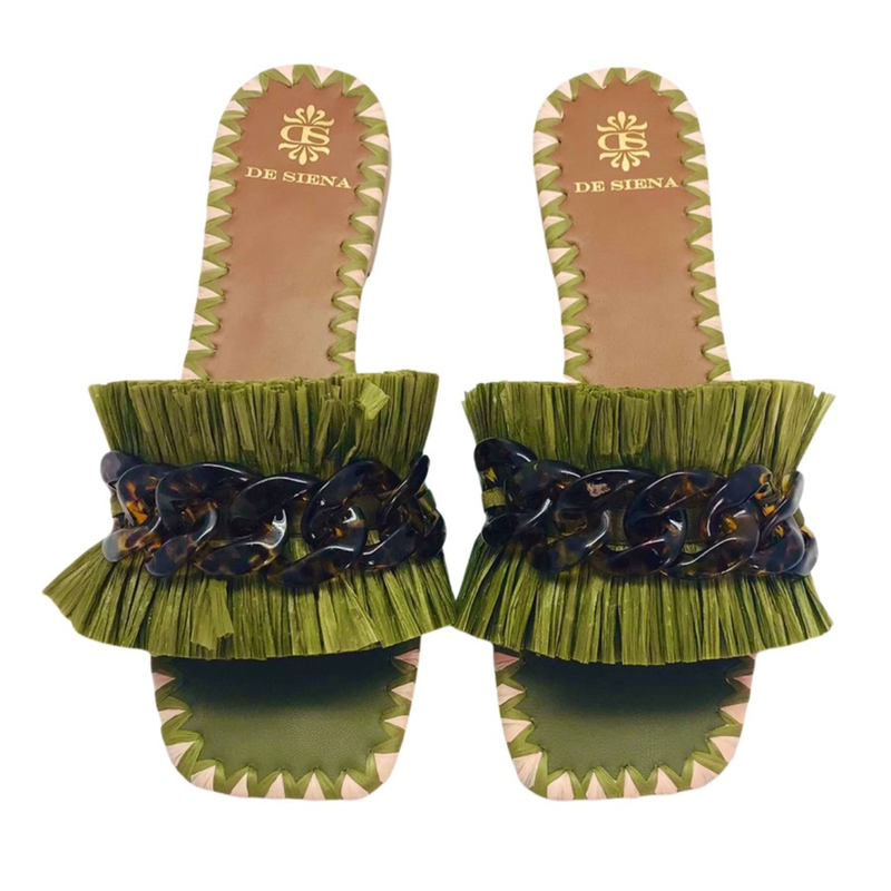 Sabaudia Raffia Slides with Leopard Chain in Military Green