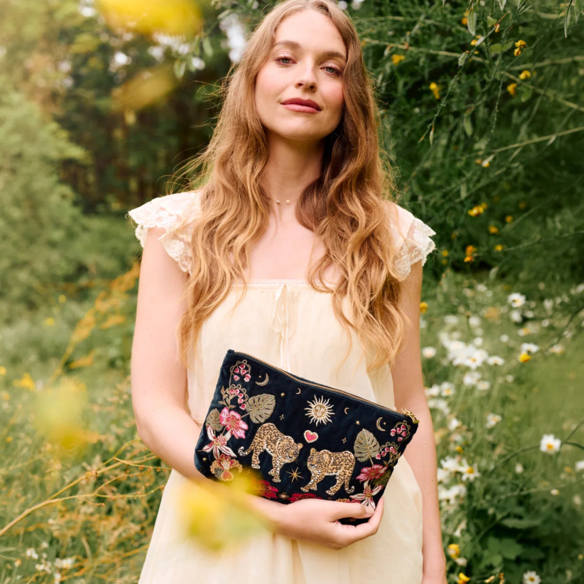 Celestial Leopard Velvet Everyday Pouch in Charcoal