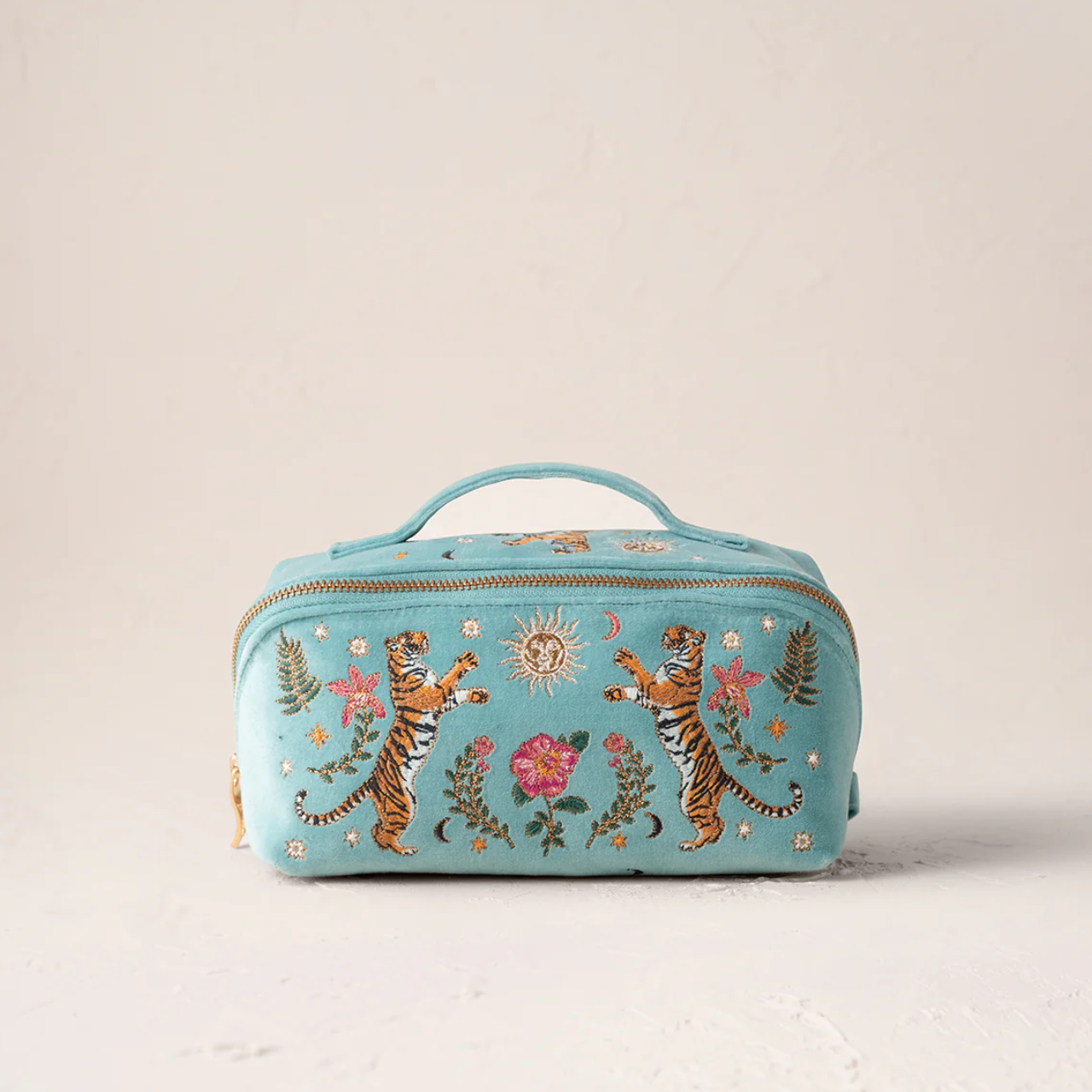 Celestial Tigers Flat Makeup Bag in Dusky Teal