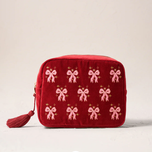 Dazzling Bows Velvet Wash Bag in Rouge