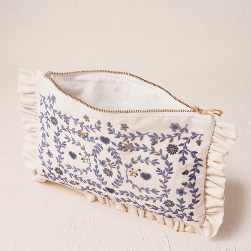 Mediterranean Garden Frill Cream Cotton Pouch