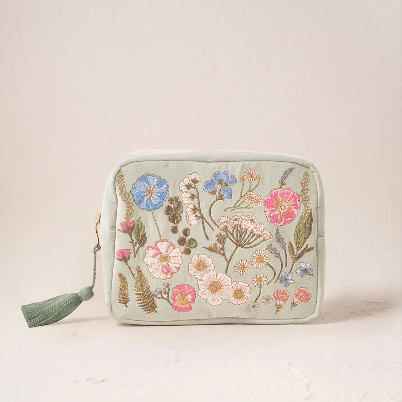 Pressed Flowers Velvet Wash Bag in Sage
