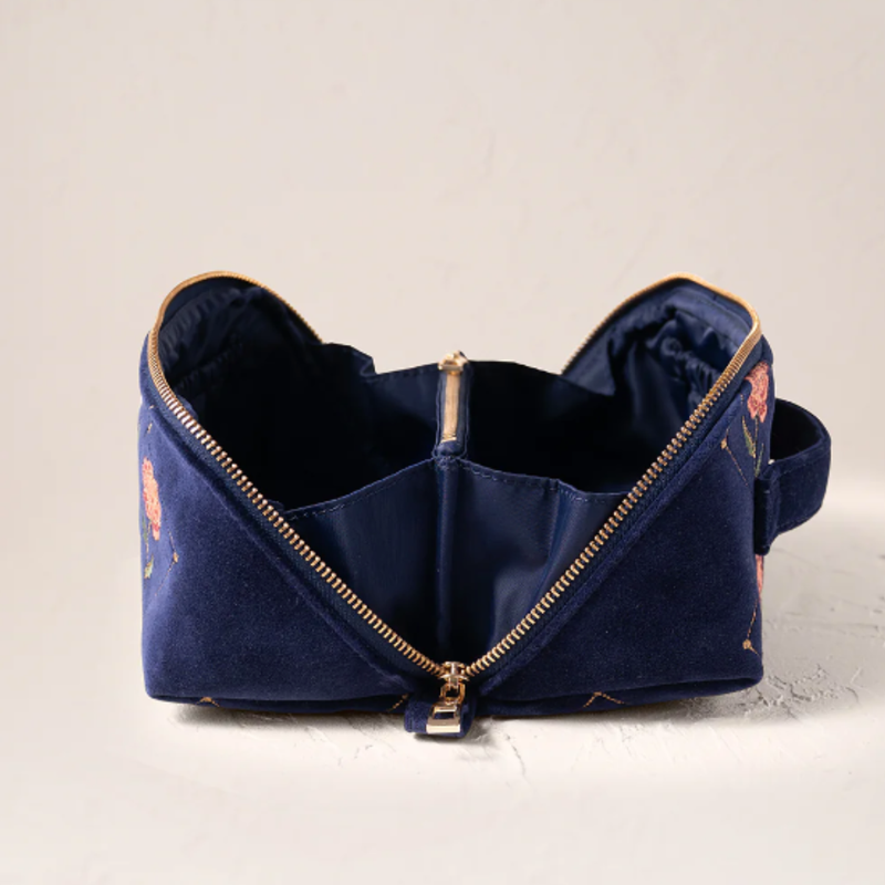 Rose Velvet Open Flat Makeup Bag in Navy
