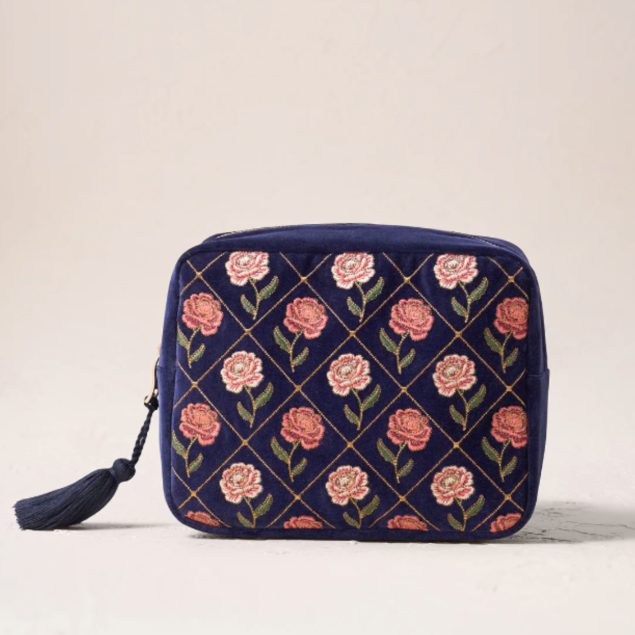 Elizabeth Scarlett Rose Velvet Wash Bag in Navy | Caroline