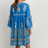 Blue/Gold Feather Embroidered Bell Sleeve Linen Dress