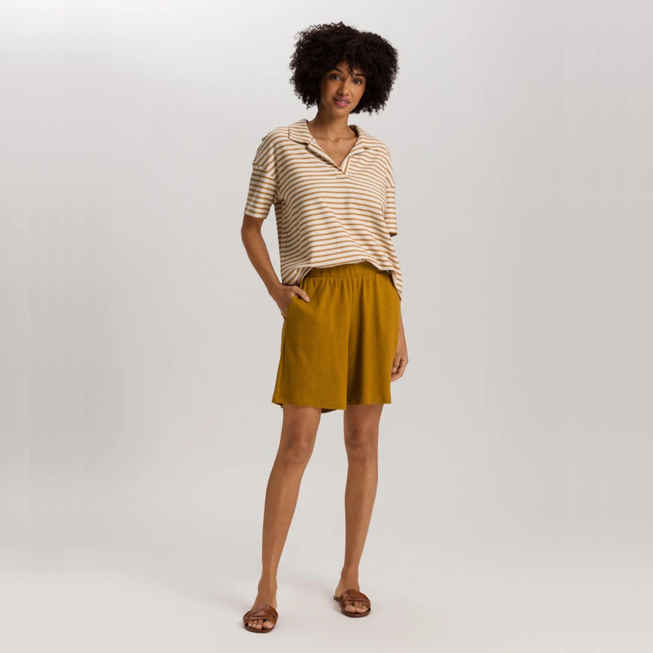 Summer Knits Short Sleeve Shirt in Gold Cumin Stripe
