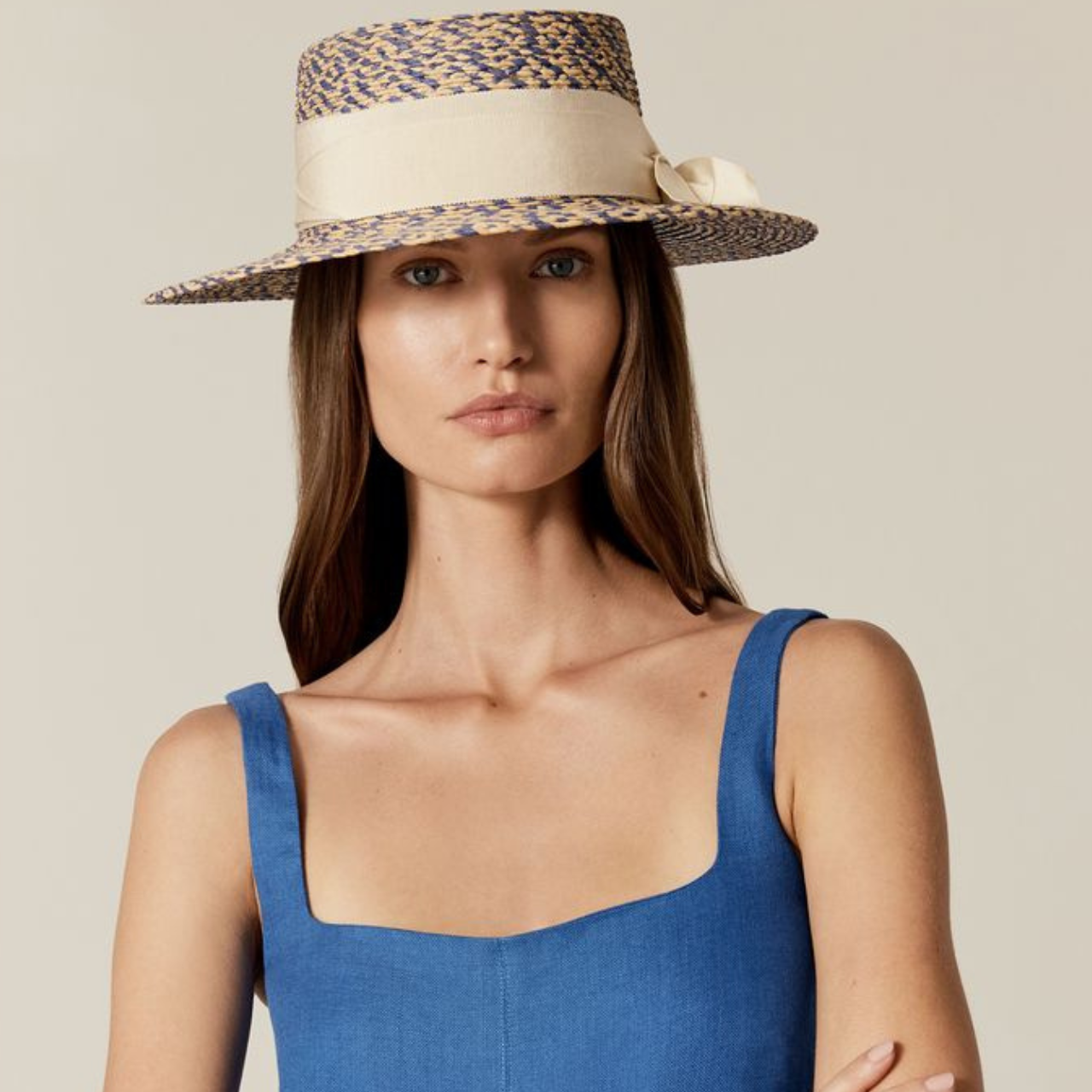 Dulani Raffia Braid  Boater Hat in Lapis Melange/Cream