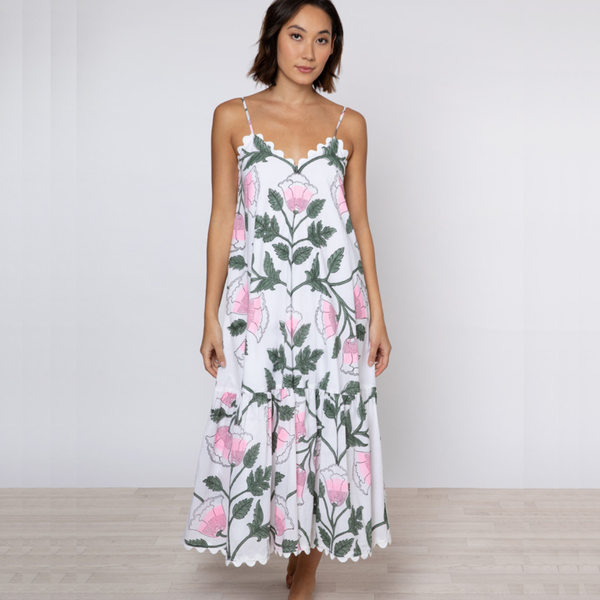 Bellflower Block Print V-Neck Midi Dress in White/Candy