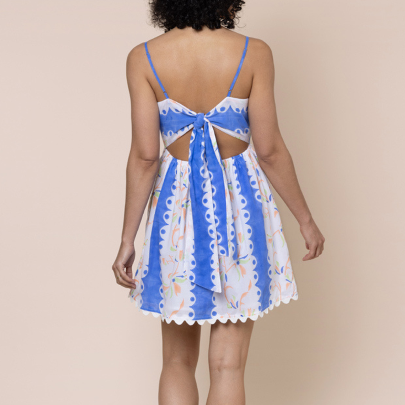 Bird Of Paradise Block Print Tie Back Mini Dress In Bluebell