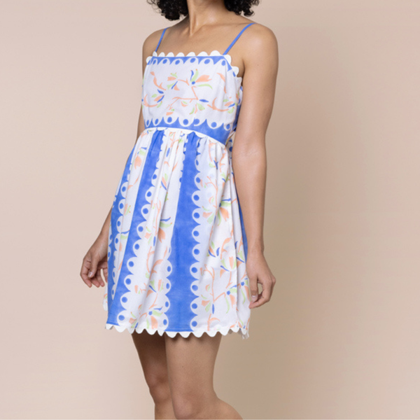 Bird Of Paradise Block Print Tie Back Mini Dress In Bluebell