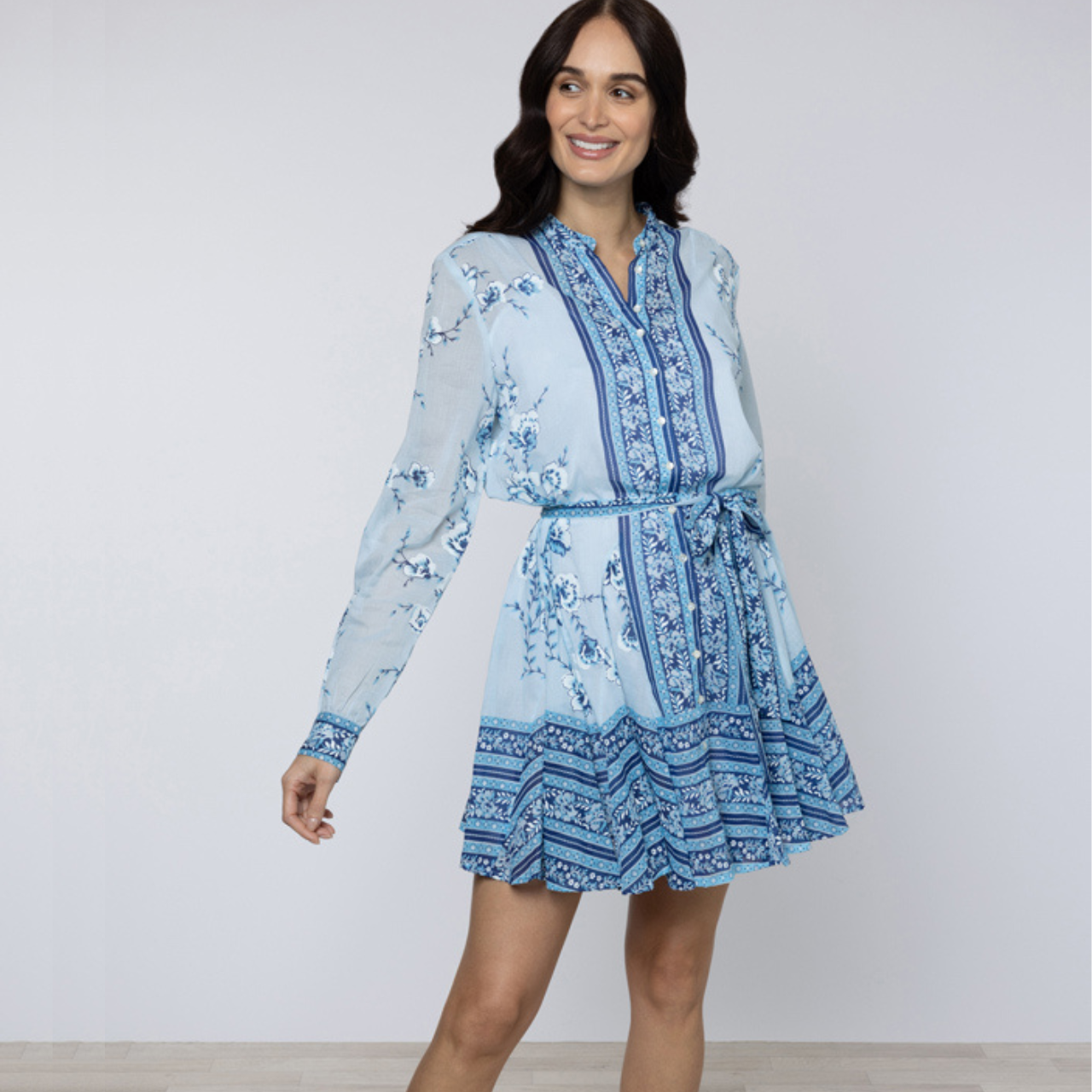 Cherry Blossom Print Godot Dress in China Blue