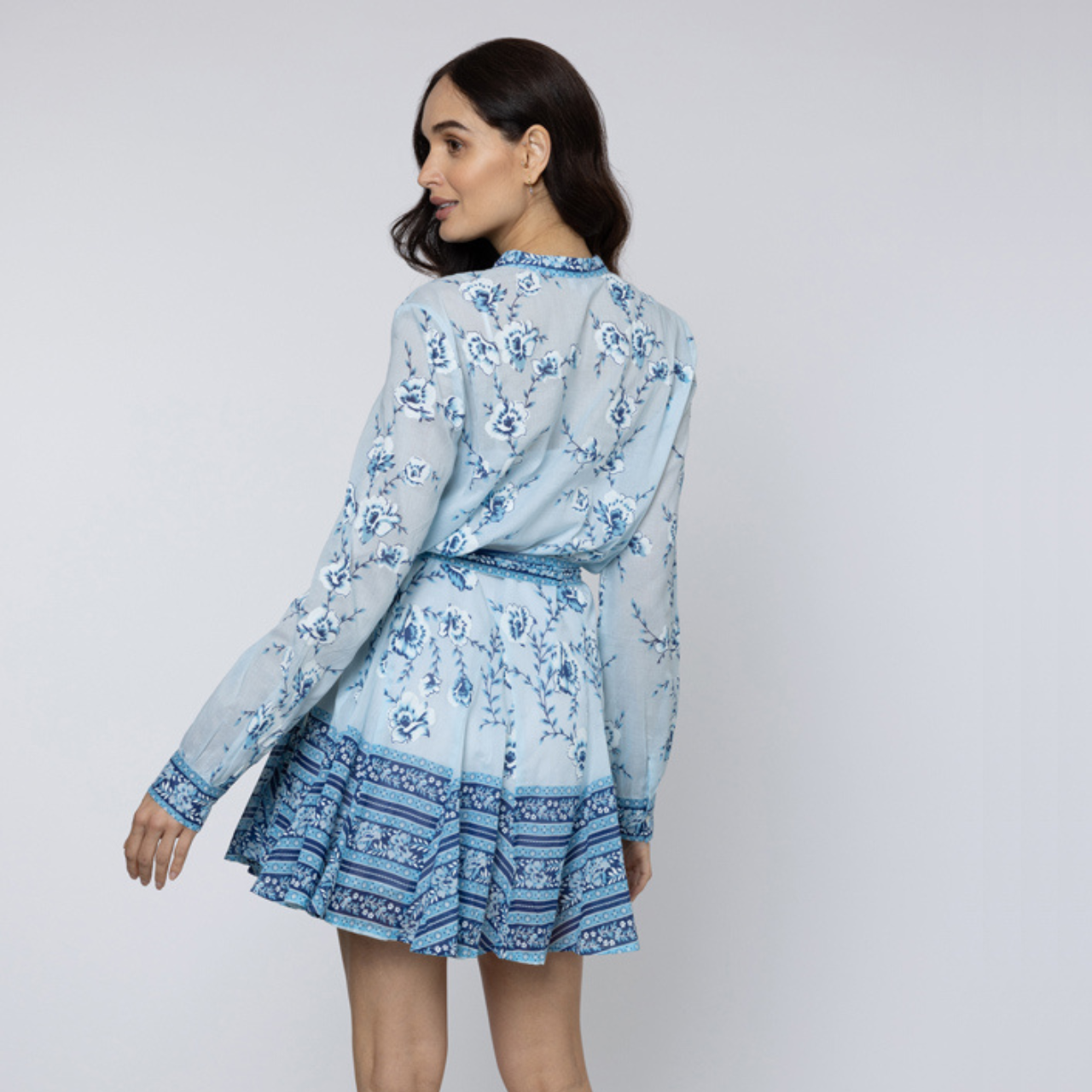 Cherry Blossom Print Godot Dress in China Blue