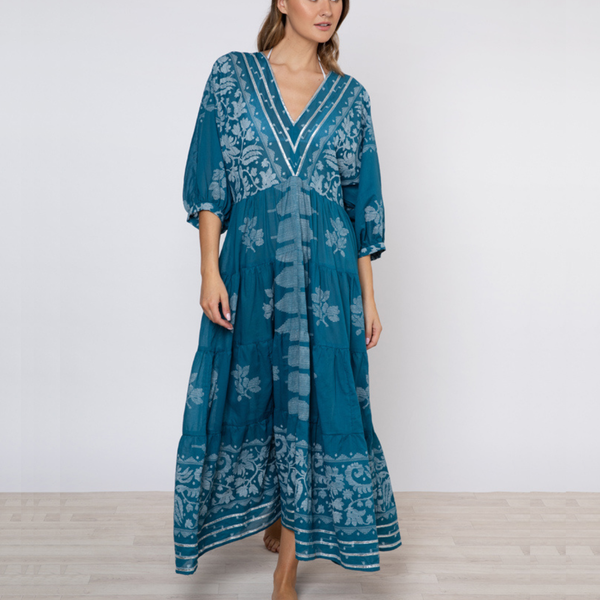 Dhaka Print and Silver Trim V-Neck Loose Maxi Dress in Petrol/White