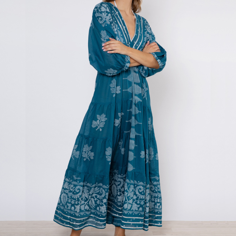 Dhaka Print and Silver Trim V-Neck Loose Maxi Dress in Petrol/White
