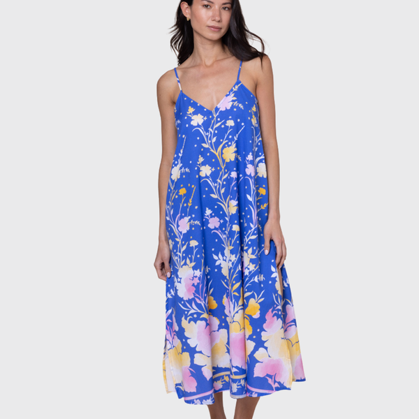 Slip Dress In Floral Print In Electric Blue