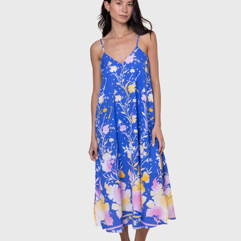 Slip Dress In Floral Print In Electric Blue