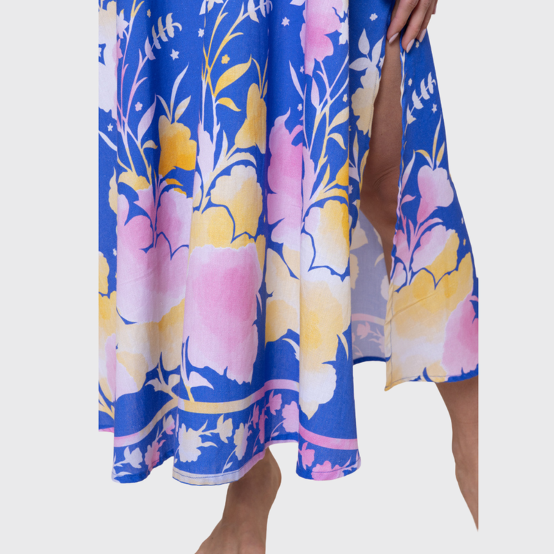 Slip Dress In Floral Print In Electric Blue