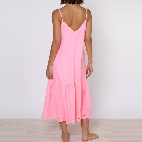 Linen V-Neck Midi Dress With Cut-Out Embroidery in Candy