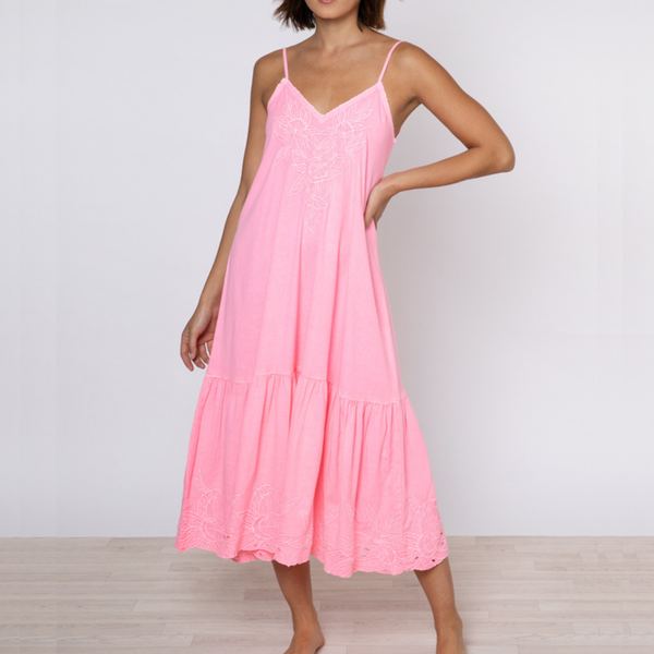 Linen V-Neck Midi Dress With Cut-Out Embroidery in Candy